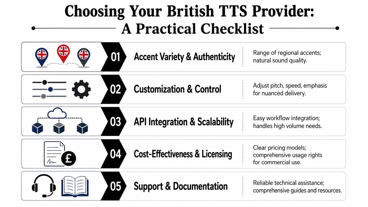 A checklist infographic titled Choosing Your British TTS Provider listing five key factors for selecting software.