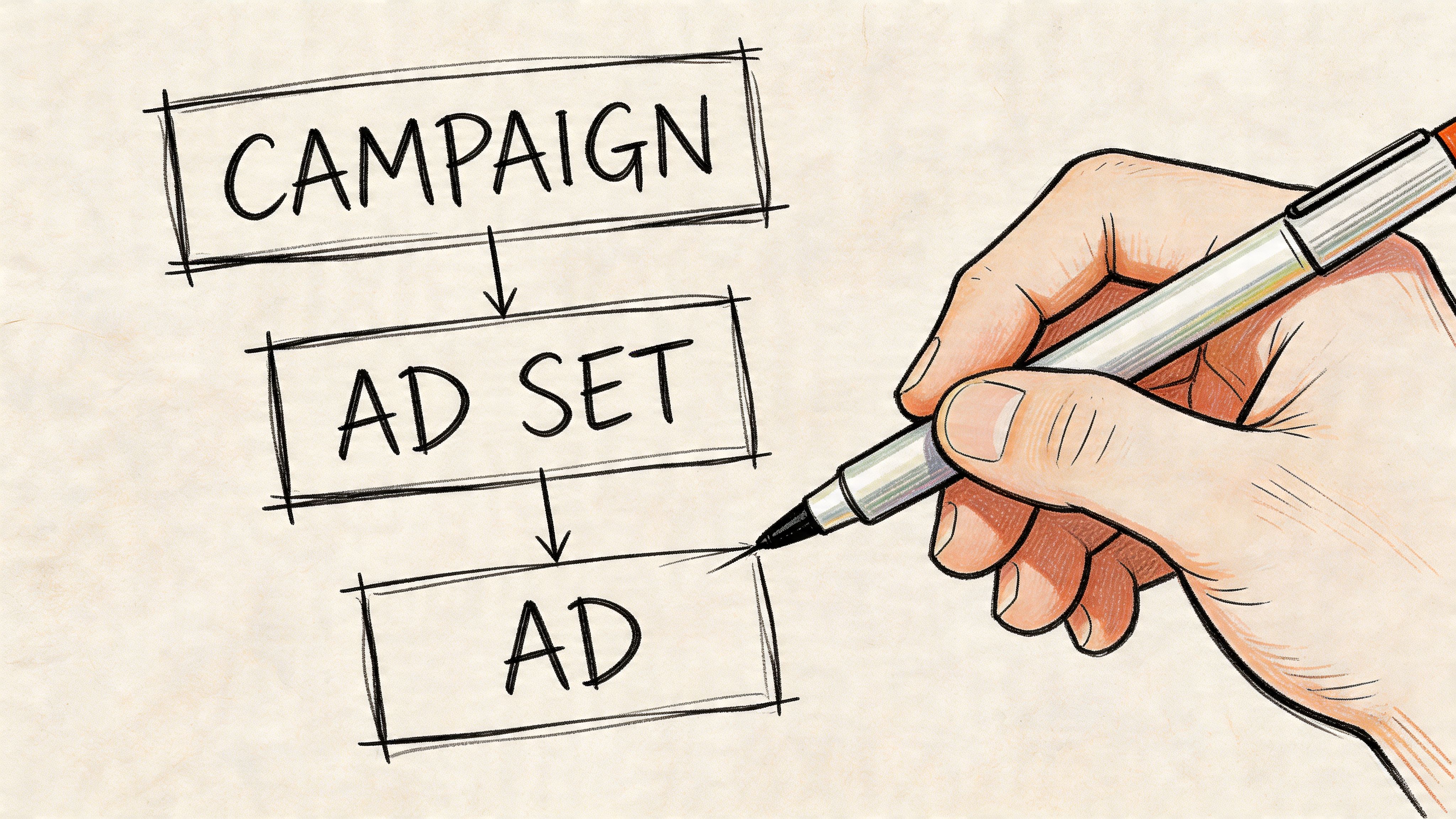A hand drawing a hierarchical diagram showing the structure of a Facebook ad campaign, ad set, and ad.