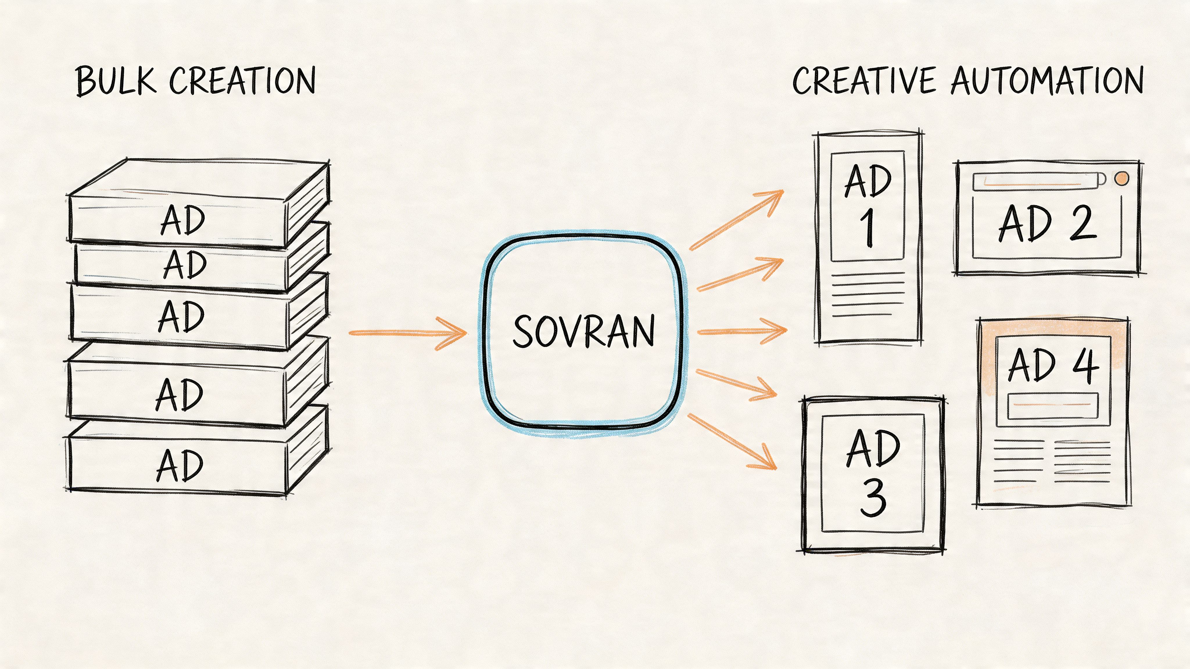 A diagram illustrating the bulk creation of advertising content using the Sovran platform for creative automation.