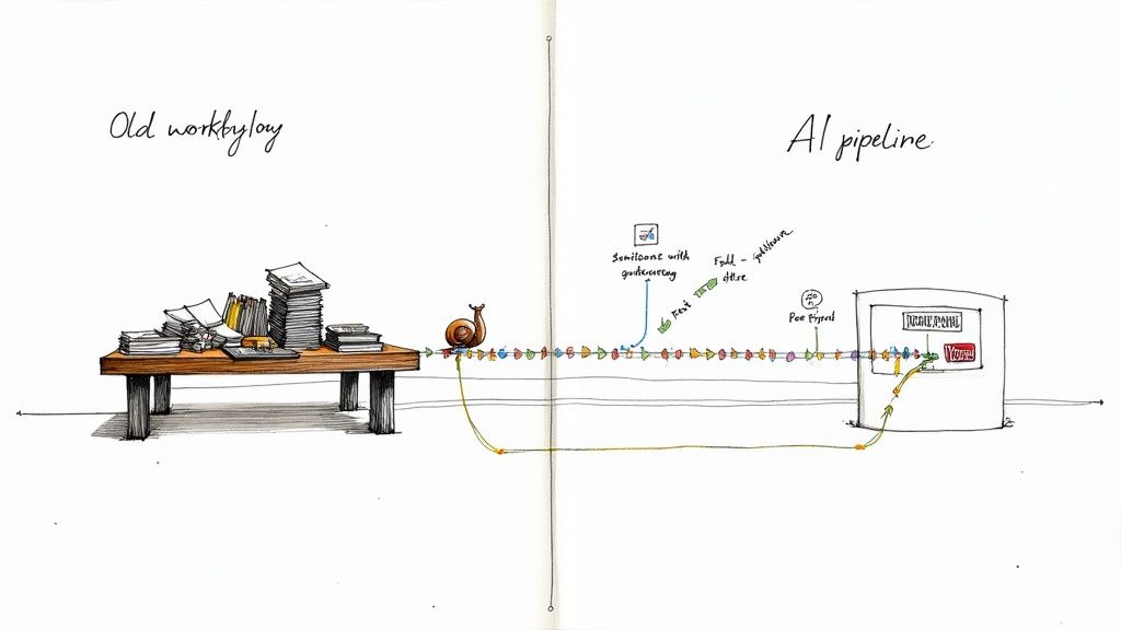 Diagram illustrating a slow, paper-based 'Old workflow' versus a fast, automated 'AI pipeline'.