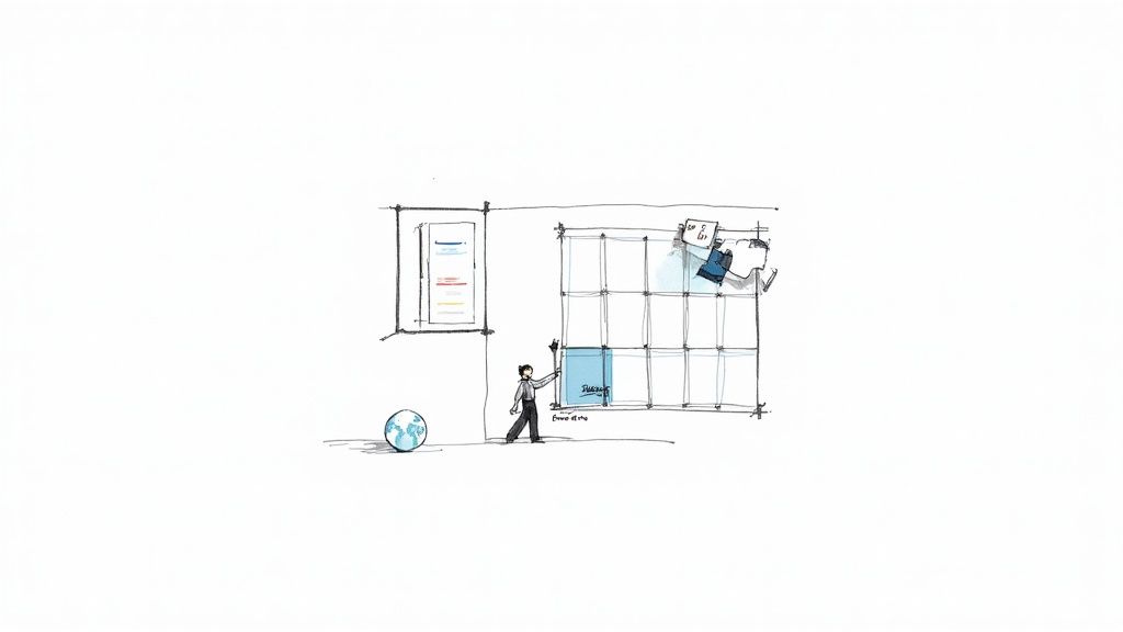 A sketch of a person interacting with a visual planning board, highlighting a blue section, with a globe.