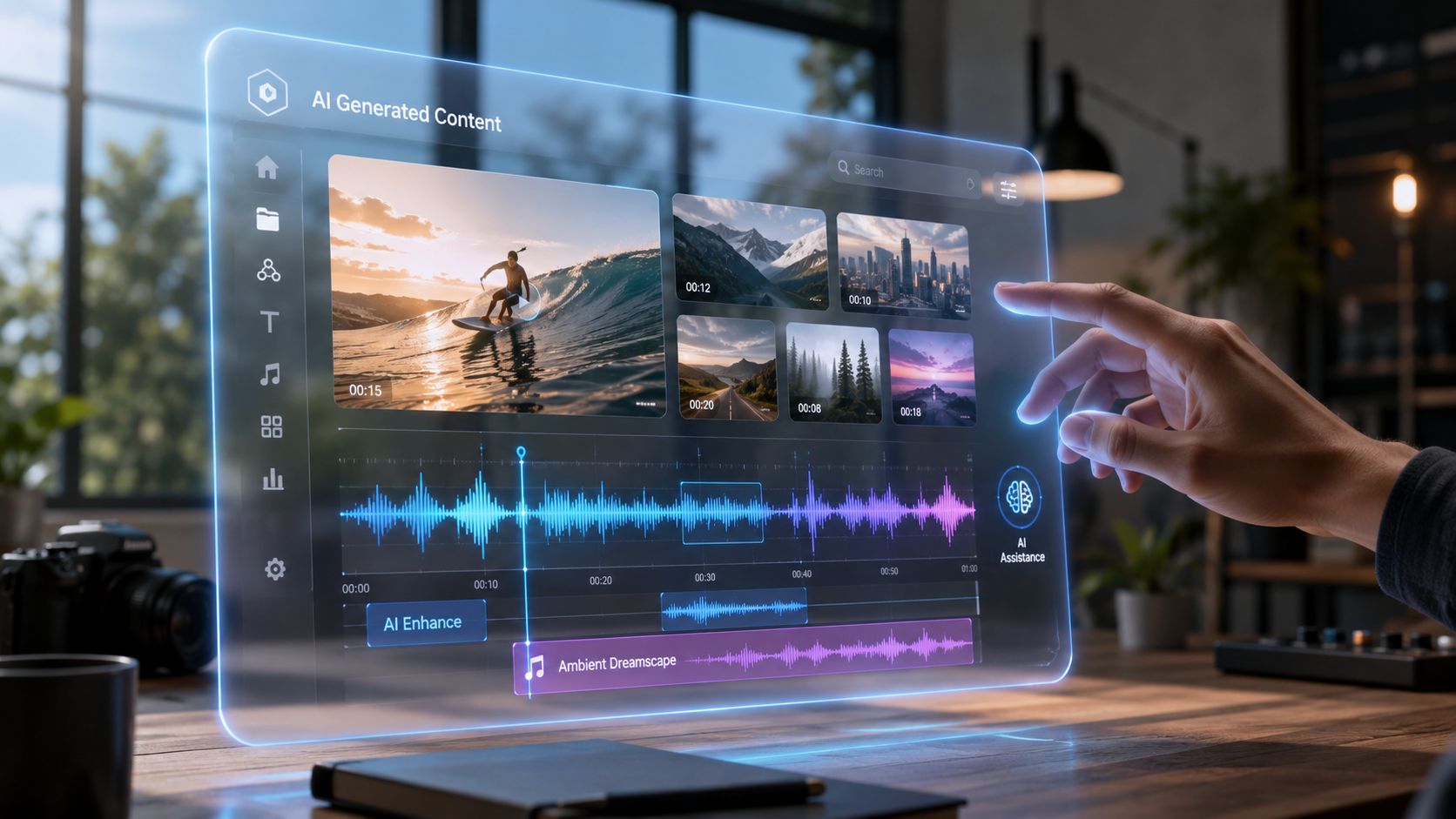 A person using a futuristic holographic interface to edit video content with AI assistance on a desk.