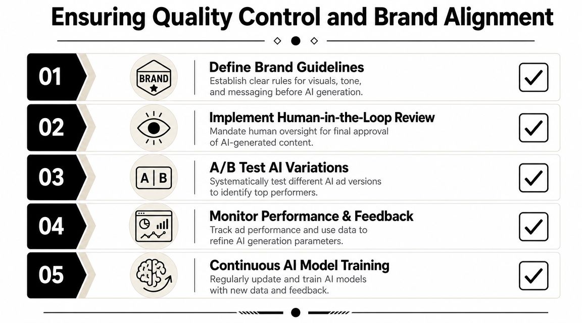A checklist infographic titled Ensuring Quality Control and Brand Alignment for AI-generated marketing content.
