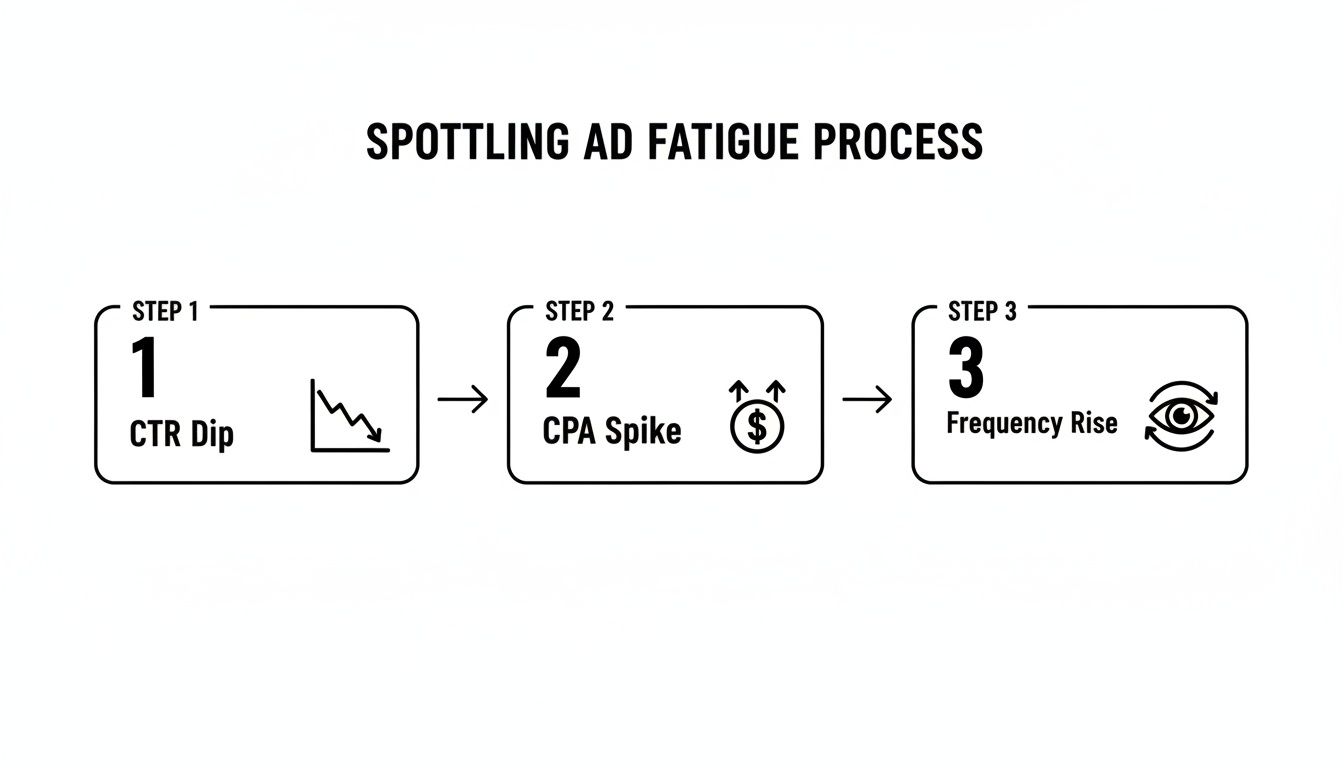 Diagram illustrating the three steps of spotting ad fatigue: CTR dip, CPA spike, and frequency rise.