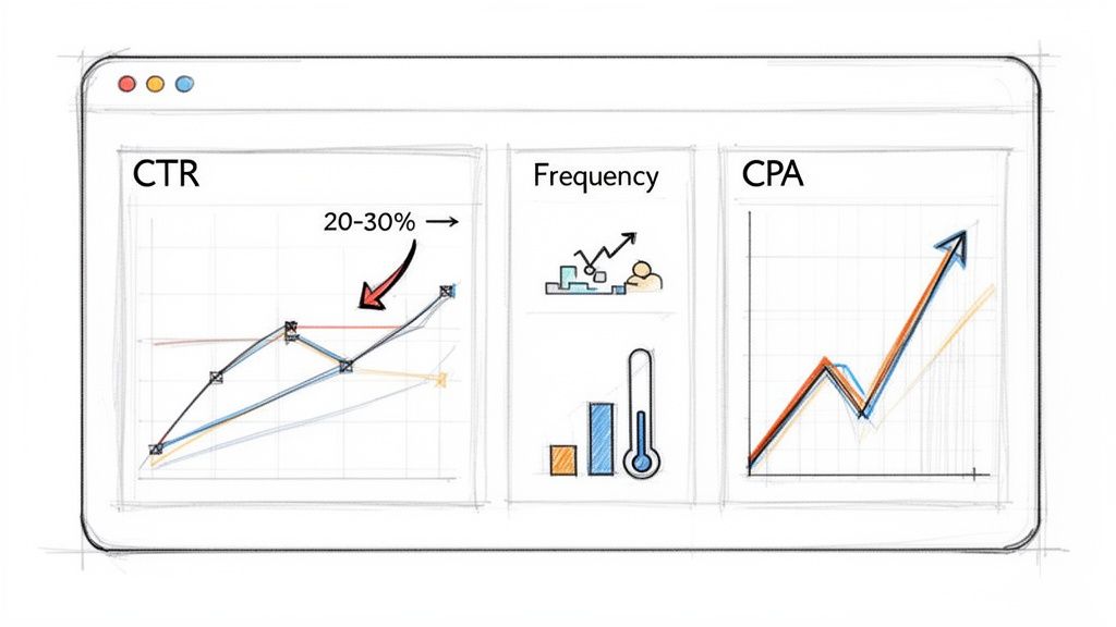 Hand-drawn dashboard showing marketing performance graphs for CTR, Frequency, and CPA metrics.