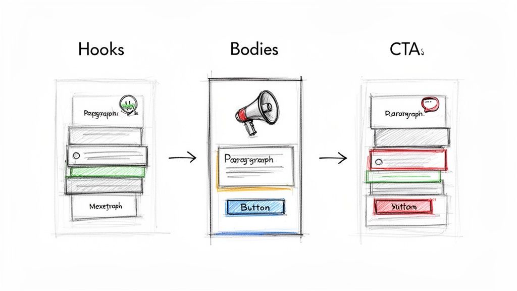 Diagram showing content creation stages: Hooks (engagement), Bodies (information), and CTAs (conversion) for marketing strategy.