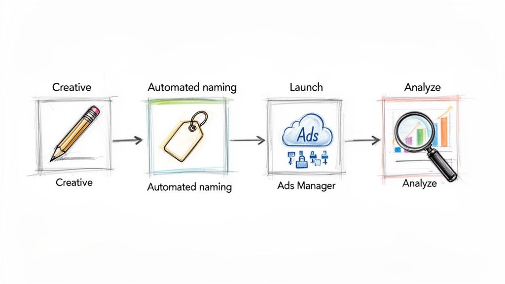 Diagram illustrating a four-step advertising workflow: creative development, automated naming, campaign launch via Ads Manager, and performance analysis.
