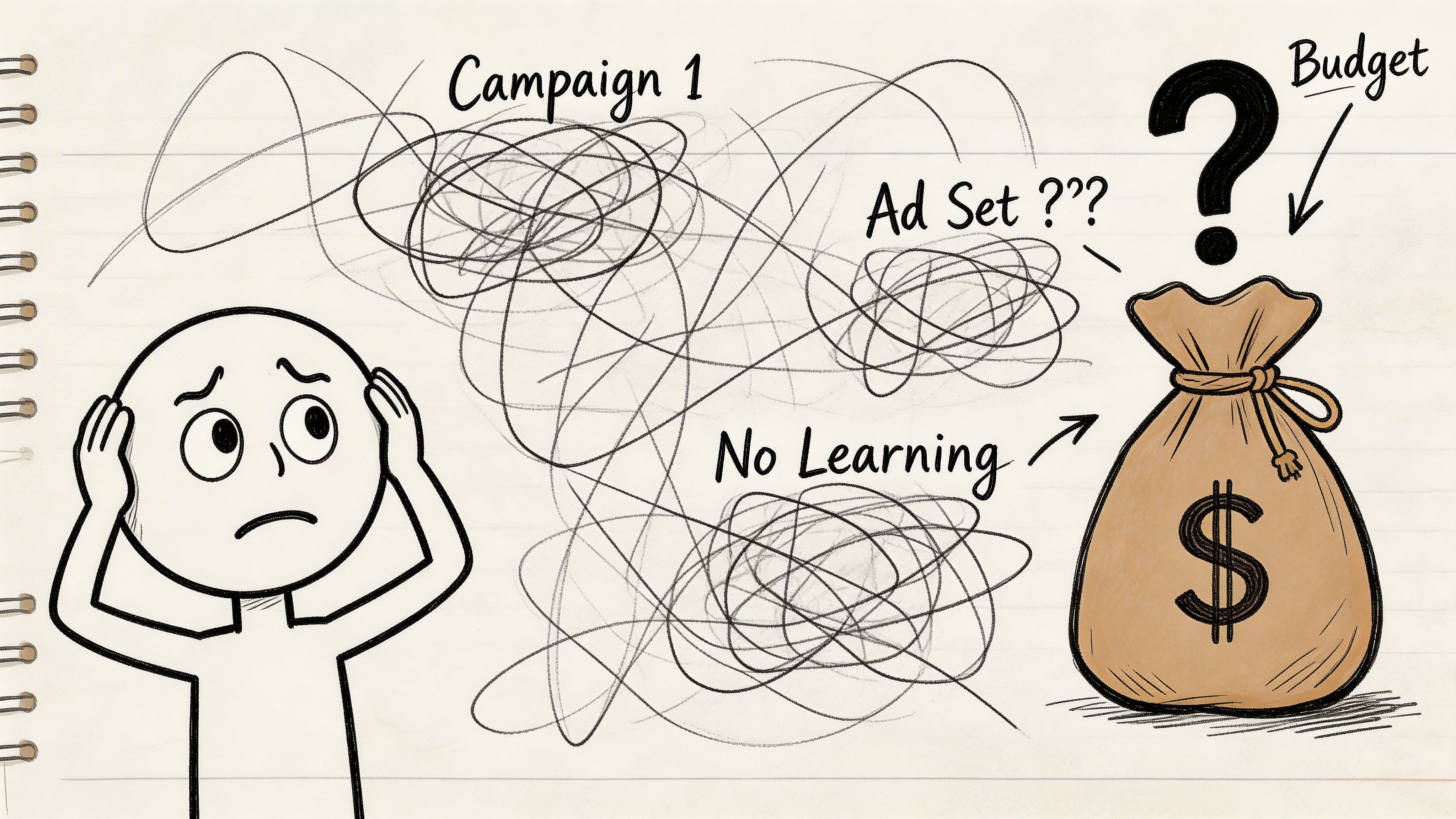 A confused person looking at a chaotic drawing of ad campaigns, budgets, and lack of learning.
