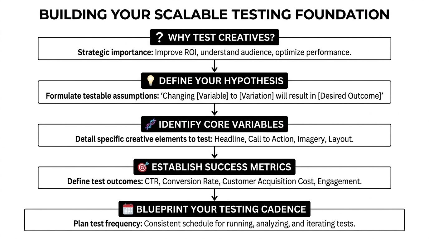 A flowchart titled Building Your Scalable Testing Foundation outlining five steps for effective creative testing in advertising.