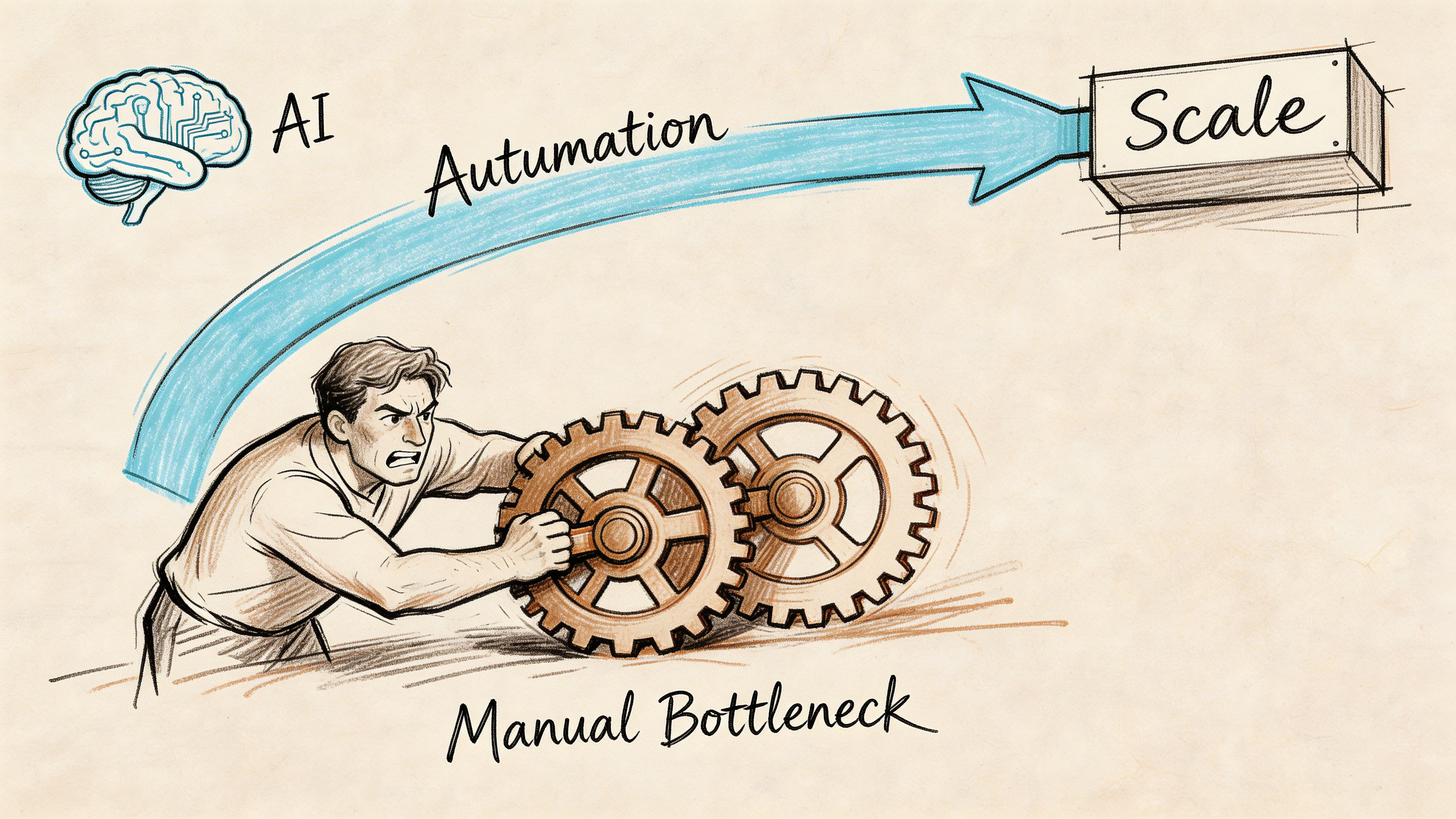 A conceptual illustration showing AI automation leading to scale, contrasted with a man struggling with manual gears.