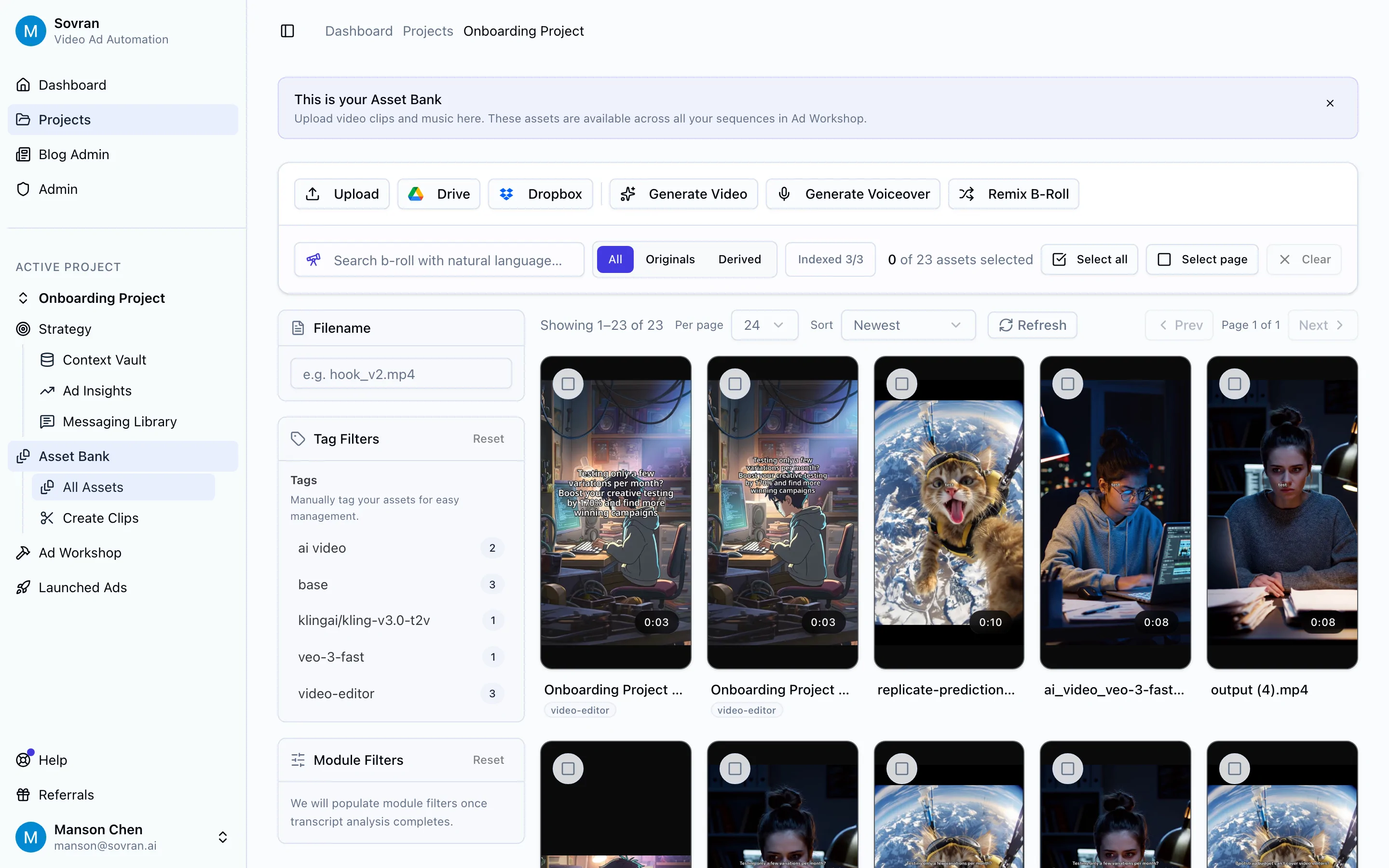 Sovran Asset Bank showing organized creative assets for video ad production.