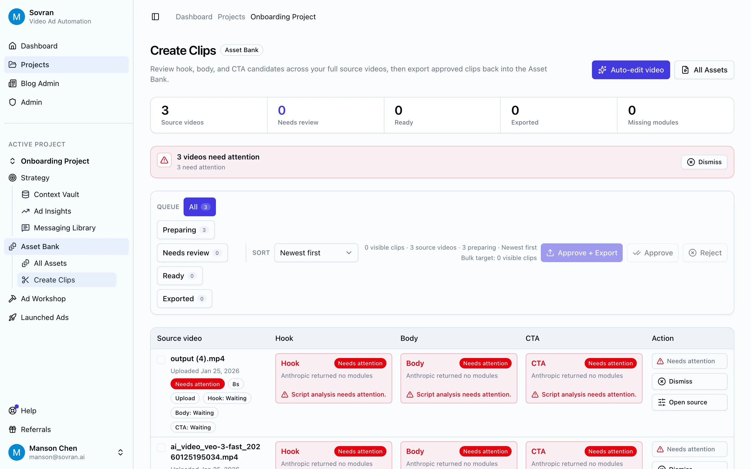 Sovran Create Clips page for turning source videos into hook, body, and CTA clips.