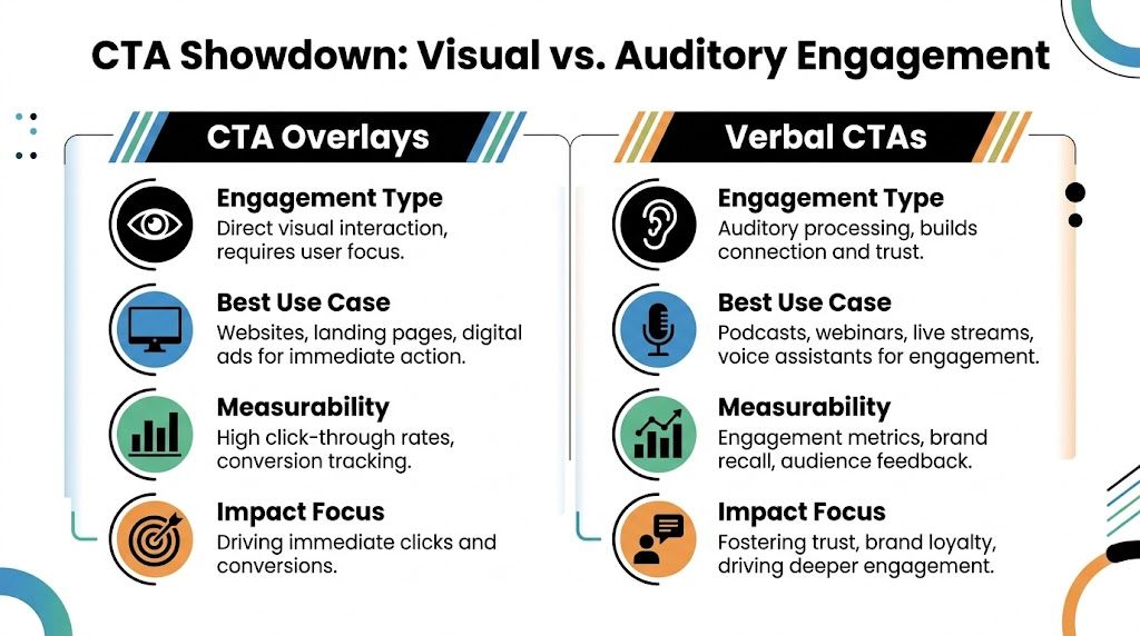 A comparison infographic showing the differences between visual CTA overlays and auditory verbal calls to action.