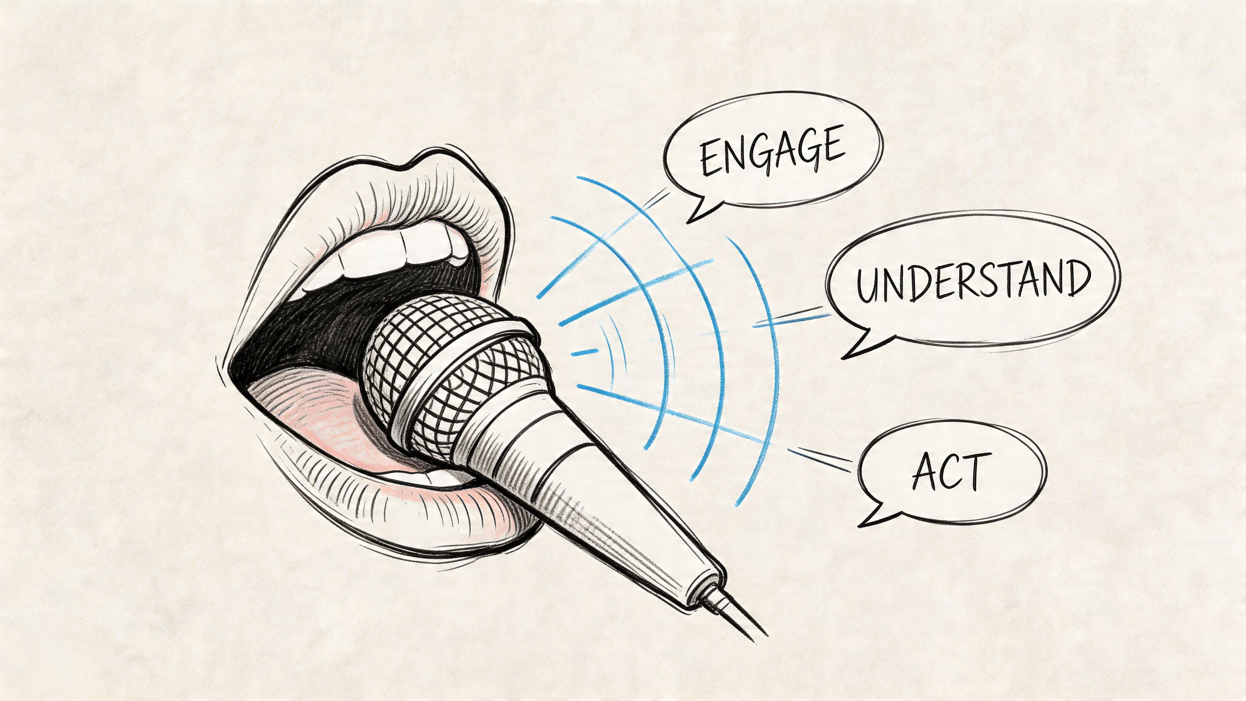 A line drawing of an open mouth speaking into a microphone with speech bubbles saying engage, understand, and act.