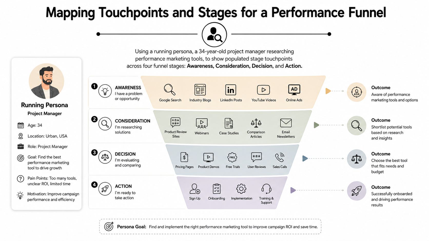 An infographic showing a four-stage performance marketing funnel for a project manager's customer journey mapping process.