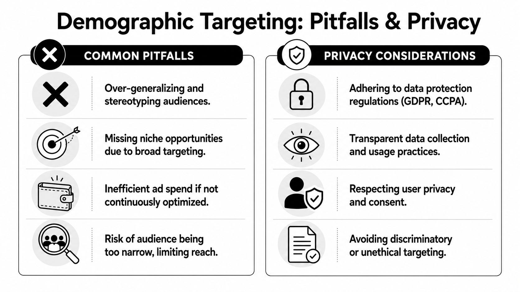 An infographic titled Demographic Targeting showing common pitfalls on the left and privacy considerations on the right.