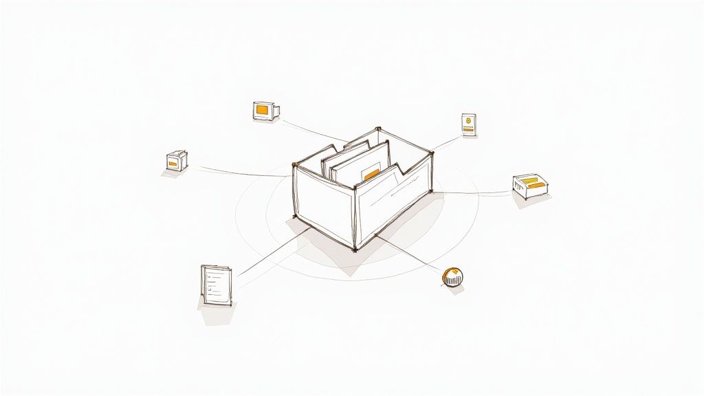 A hand-drawn diagram showing a central folder connecting various digital assets and documents.