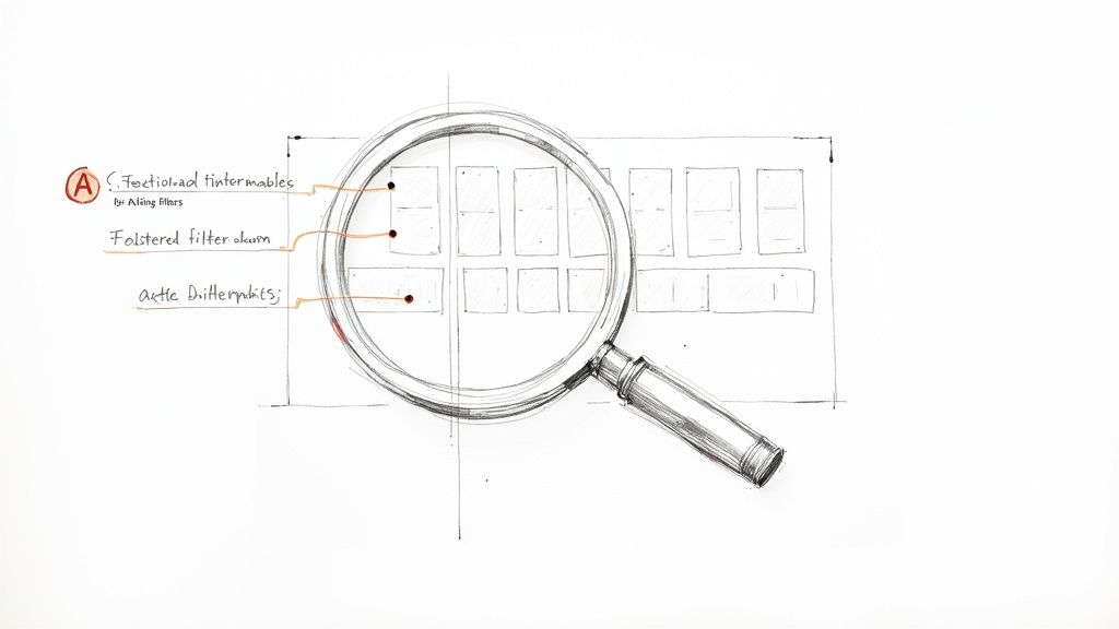 Hand-drawn sketch of a dashboard interface with a magnifying glass and handwritten labels.