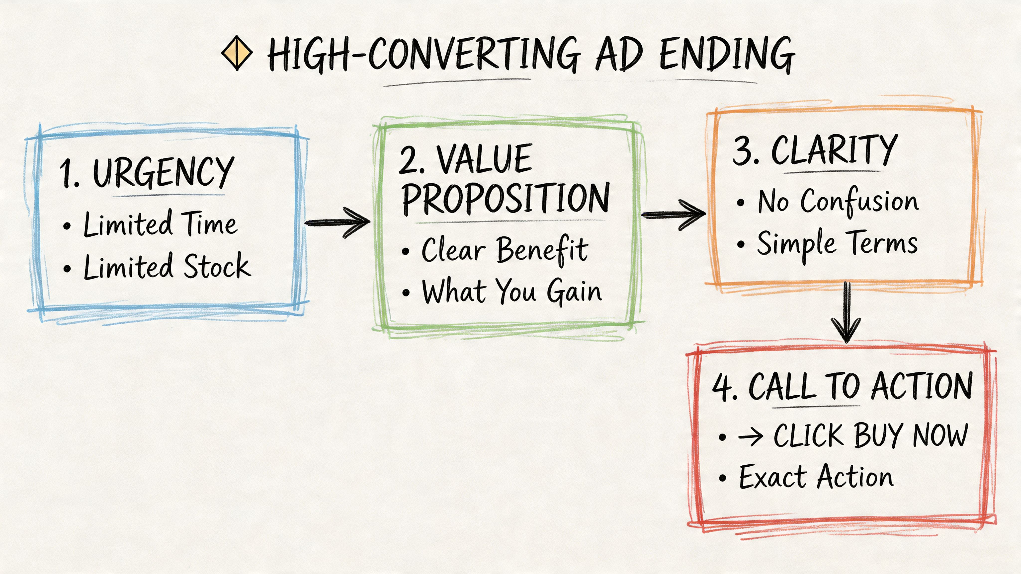A diagram outlining the four essential components for a high-converting ad ending in marketing campaigns.