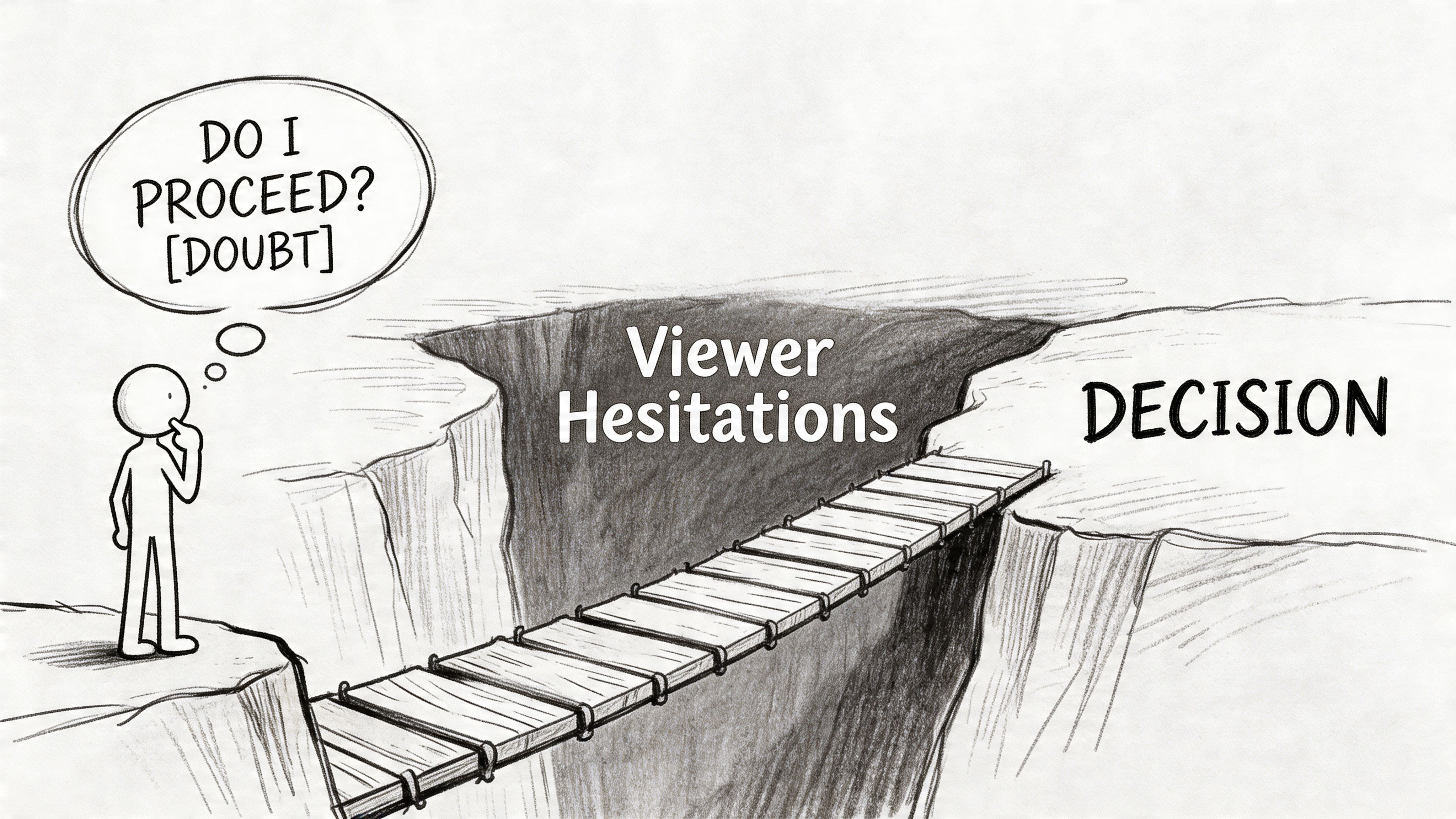 A conceptual illustration of a person standing before a bridge representing viewer hesitations towards making a decision.