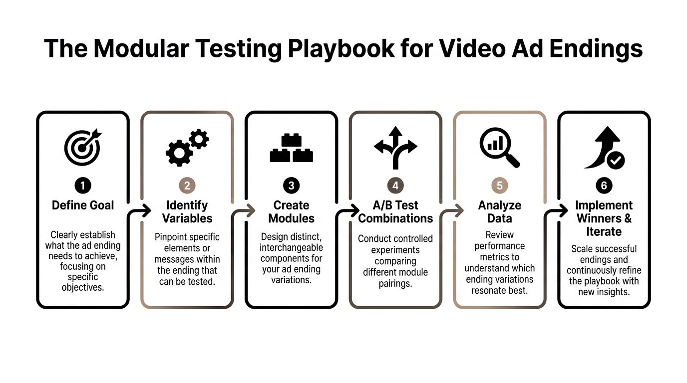 A six-step modular testing playbook for optimizing video ad endings, presented as a clear process flow chart.