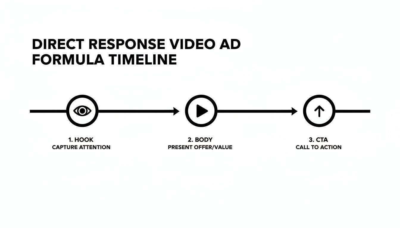 Timeline illustrating a direct response video ad formula with three stages: Hook, Body, and CTA.