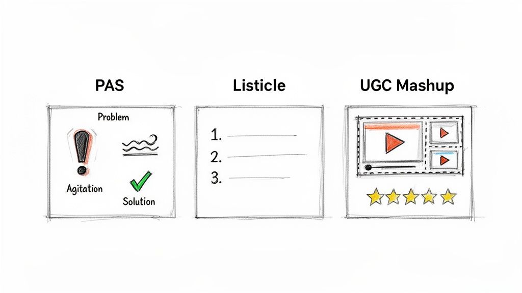 Diagram illustrating three direct response video ad content frameworks: PAS, Listicle, and UGC Mashup.