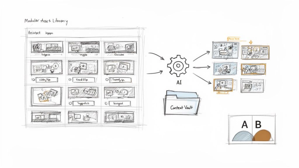 Diagram showing an AI processing modular assets from a library with a context vault.
