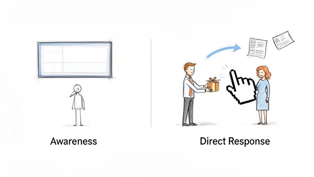Image illustrating the difference between awareness and direct response marketing, showing a blank ad versus an interactive exchange.