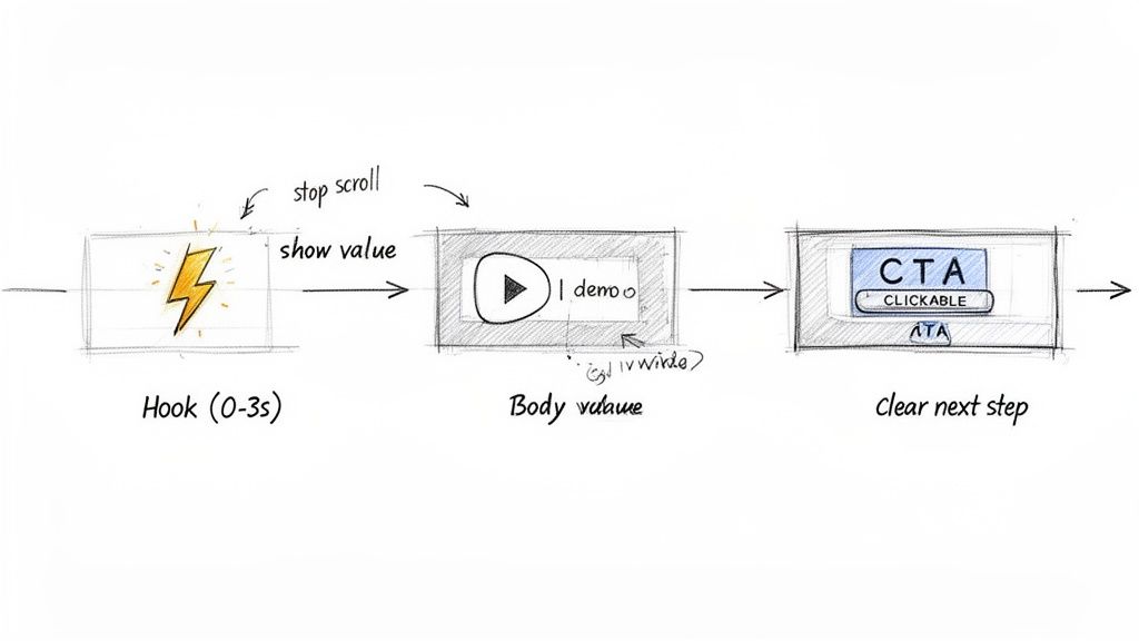 Hand-drawn flowchart illustrates a direct response video ad structure: Hook, Body, and Clear Call to Action.