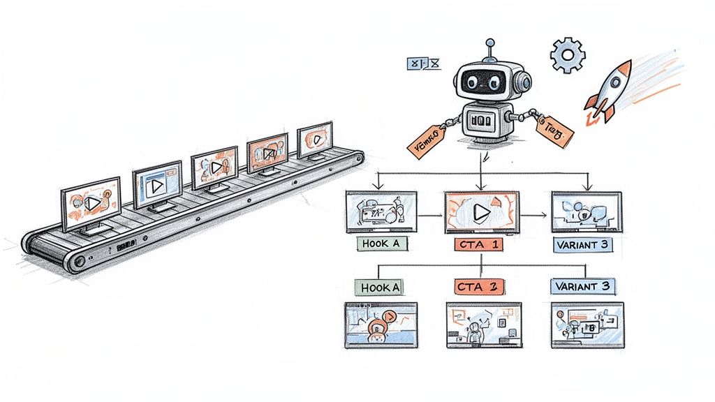 Visualizing an AI robot creating and optimizing direct response video ads through a modular testing process.