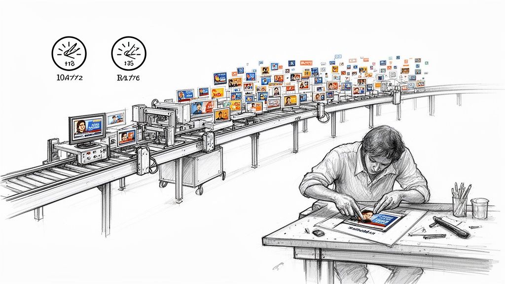 Illustration of a man creating digital ads, with a conveyor belt displaying numerous screens of finished content.