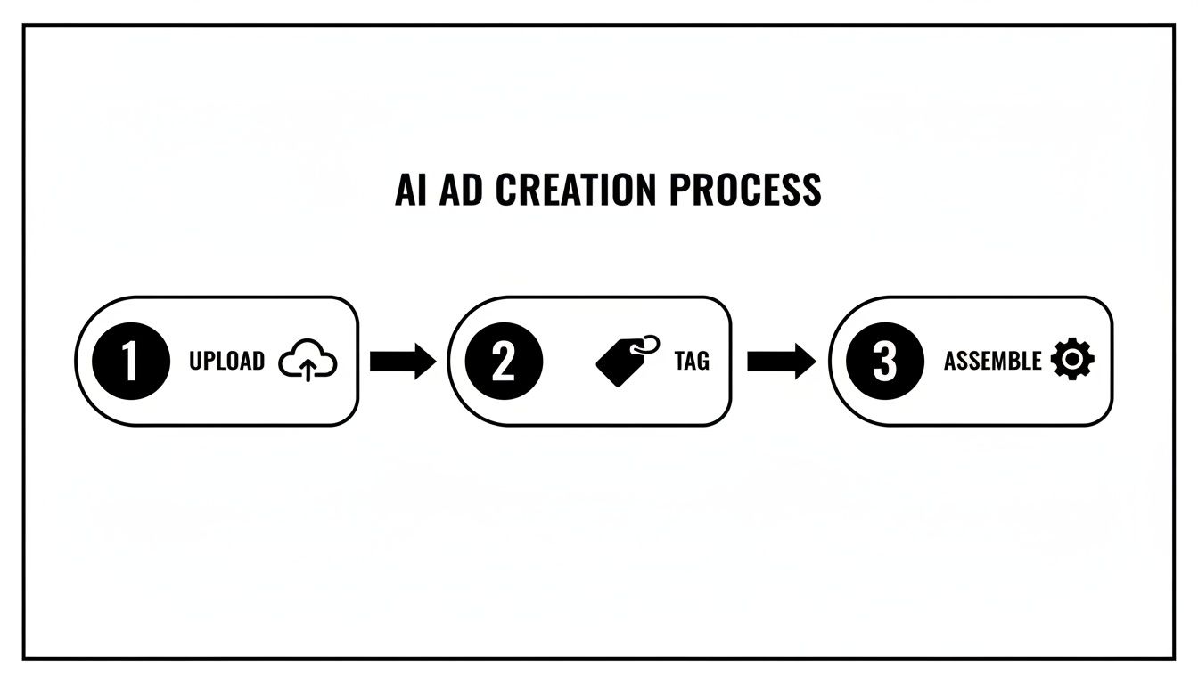 A three-step process for AI ad creation, showing upload, tag, and assemble stages with icons.