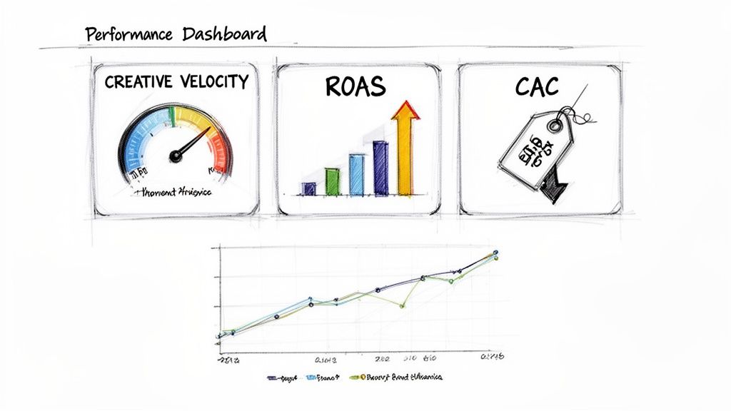 A hand-drawn sketch of a performance dashboard with creative velocity, ROAS, CAC, and a trend line graph.