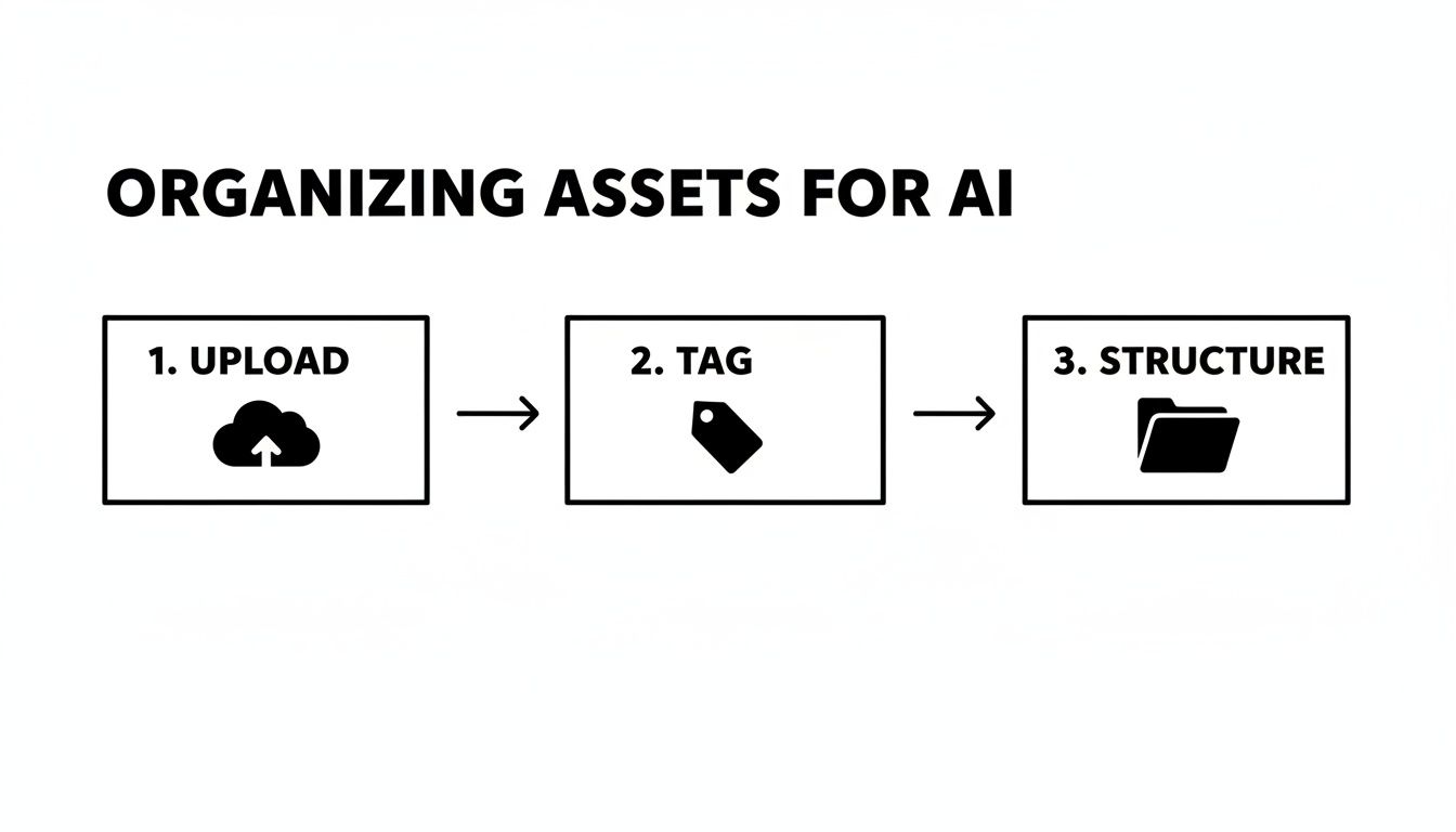 Diagram showing a three-step process for organizing assets for AI: Upload, Tag, Structure.