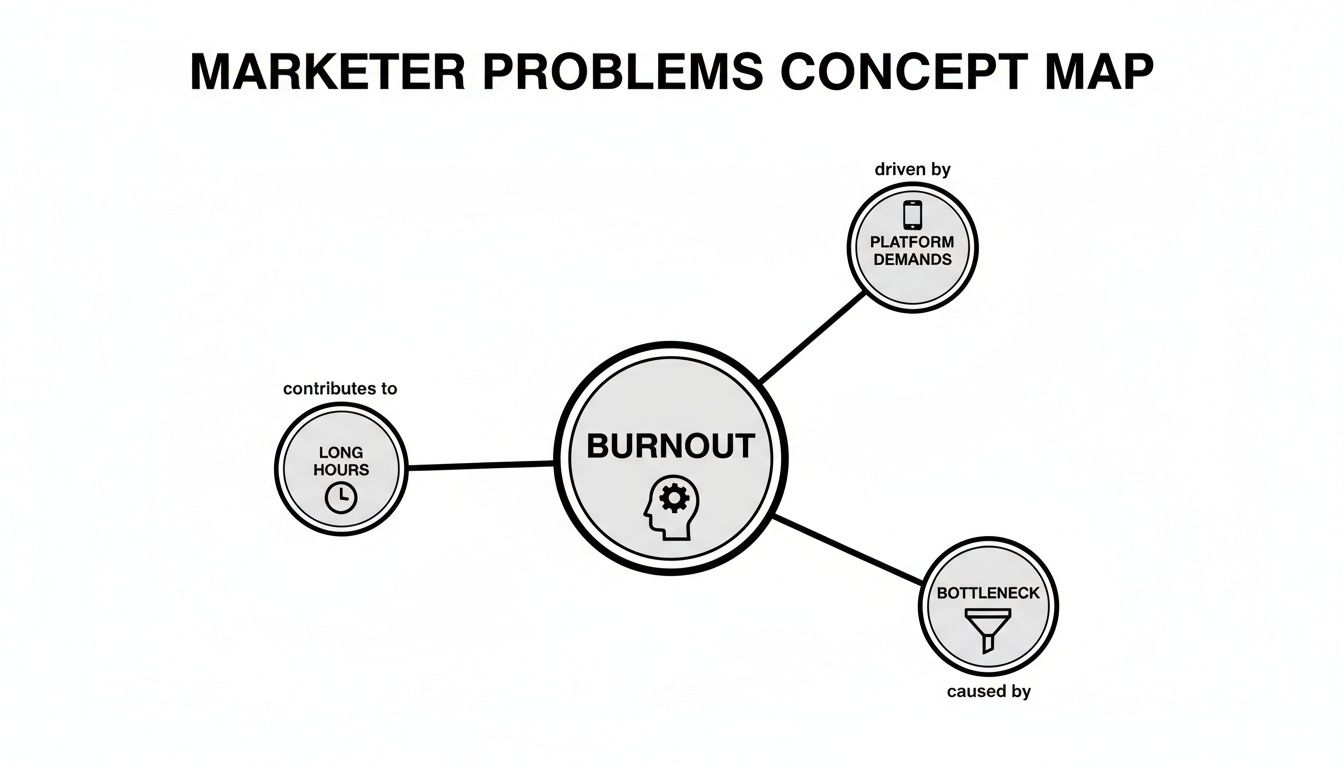 A concept map illustrating marketer burnout, driven by platform demands, caused by bottlenecks, and contributing to long hours.