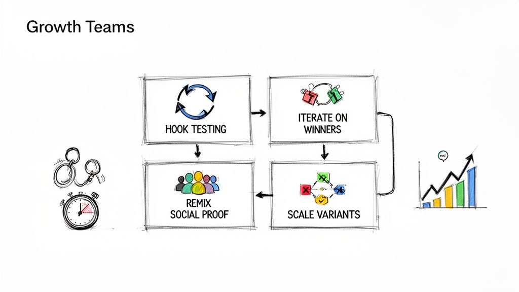 Diagram illustrating Growth Teams' process: Hook Testing, Iterate, Remix Social Proof, Scale Variants, leading to growth.