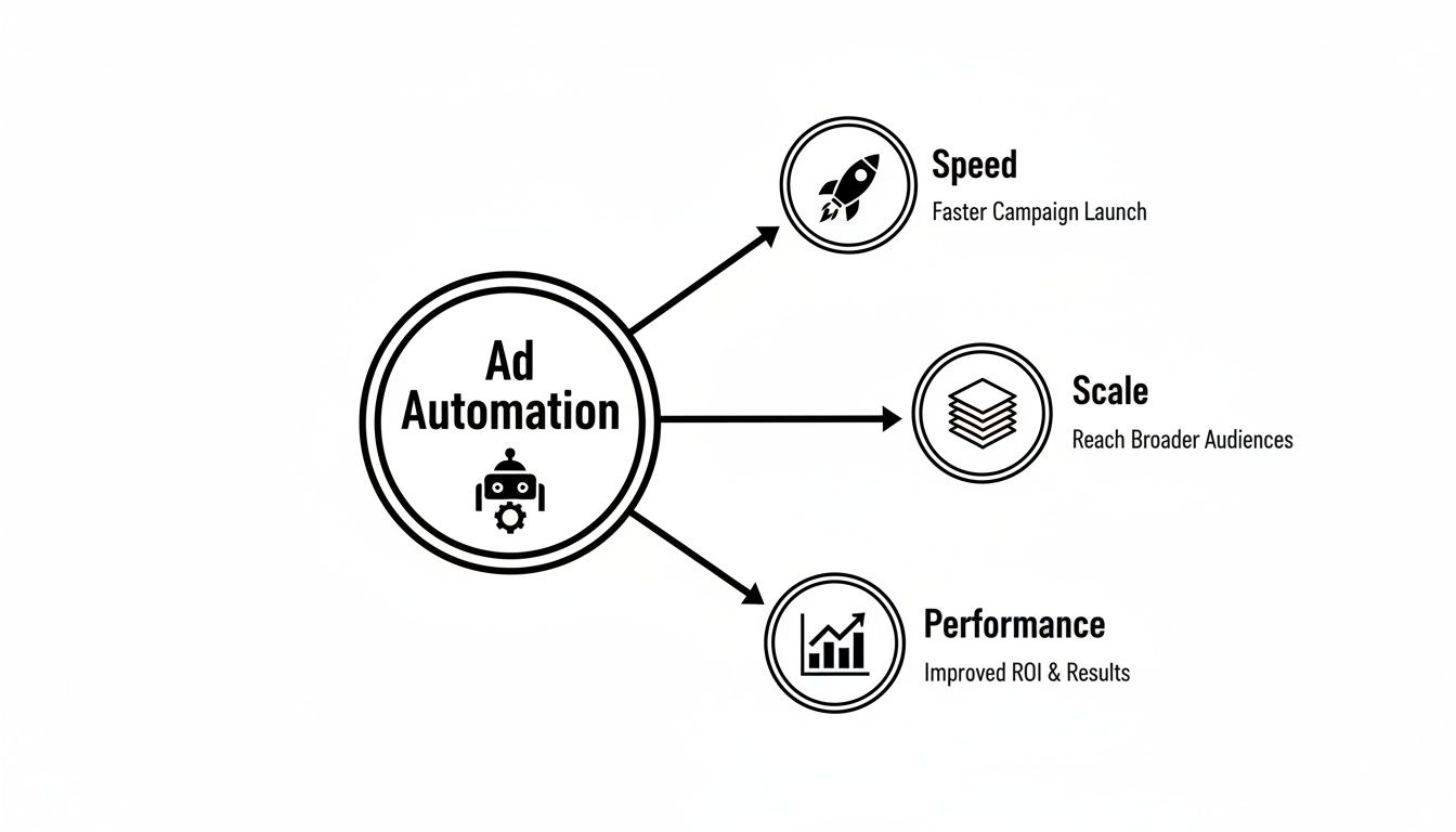 Diagram showing Ad Automation leading to Speed (Faster Campaign Launch), Scale (Reach Broader Audiences), and Performance (Improved ROI & Results).