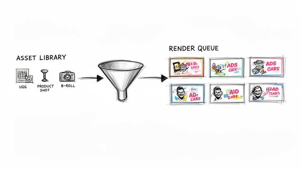 Diagram illustrating a video ad automation workflow, from asset library through a funnel to a render queue of various ads.