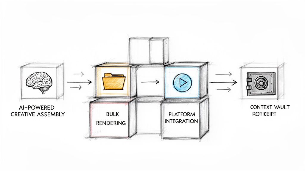 A visual diagram illustrates an AI-powered creative assembly workflow, from bulk rendering to context vault storage.