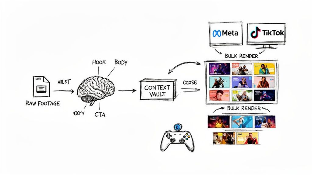 Diagram showing an AI-powered ad creation workflow from raw footage to bulk rendering for Meta, TikTok, and gaming.