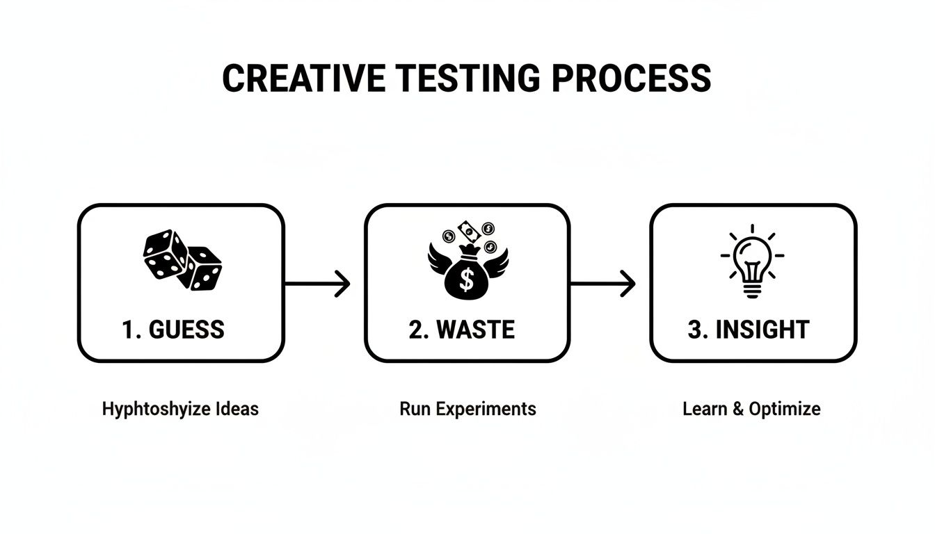 A diagram illustrates the creative testing process flow, outlining steps like guess, waste, and insight.