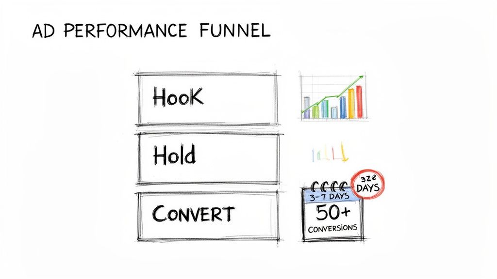 An Ad Performance Funnel diagram illustrates Hook, Hold, and Convert stages with engagement metrics.