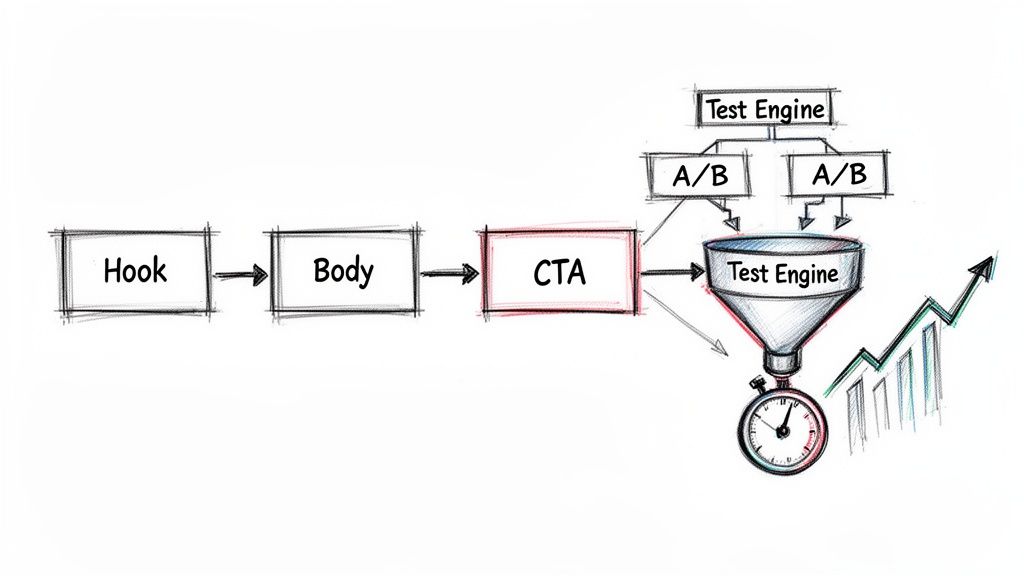 Marketing process flowchart: Hook, Body, CTA leading to A/B testing, a conversion funnel, and growth optimization.