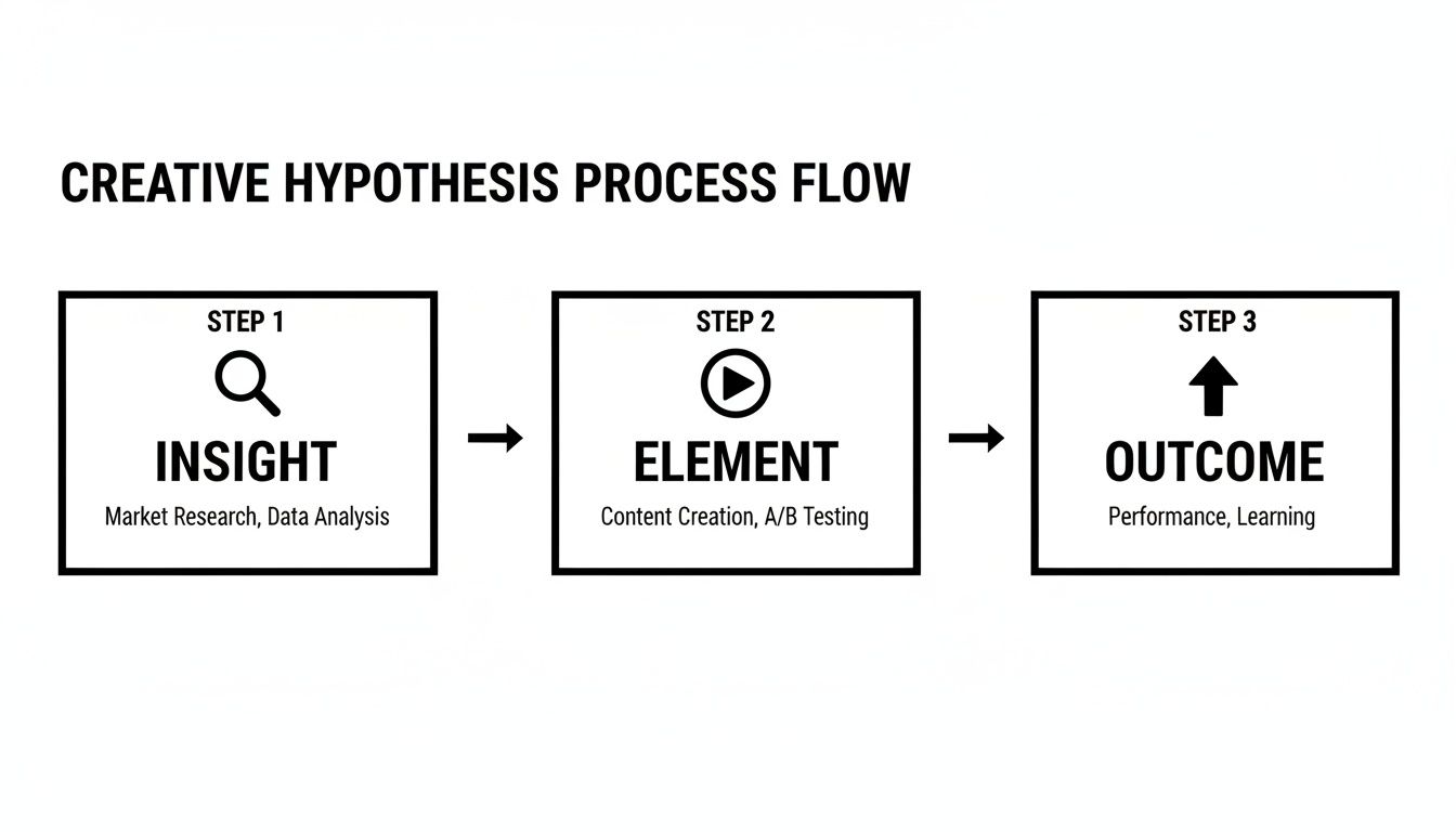 A three-step creative hypothesis process flow: Insight, Element, and Outcome, connected by arrows.