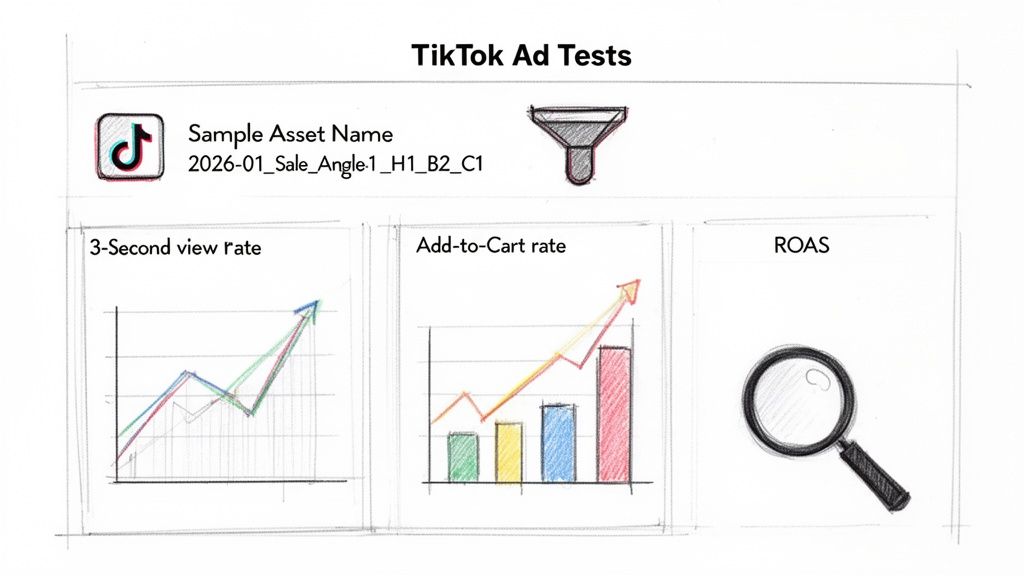 A sketch of a TikTok ad test dashboard showing metrics like 3-second view rate, add-to-cart, and ROAS.