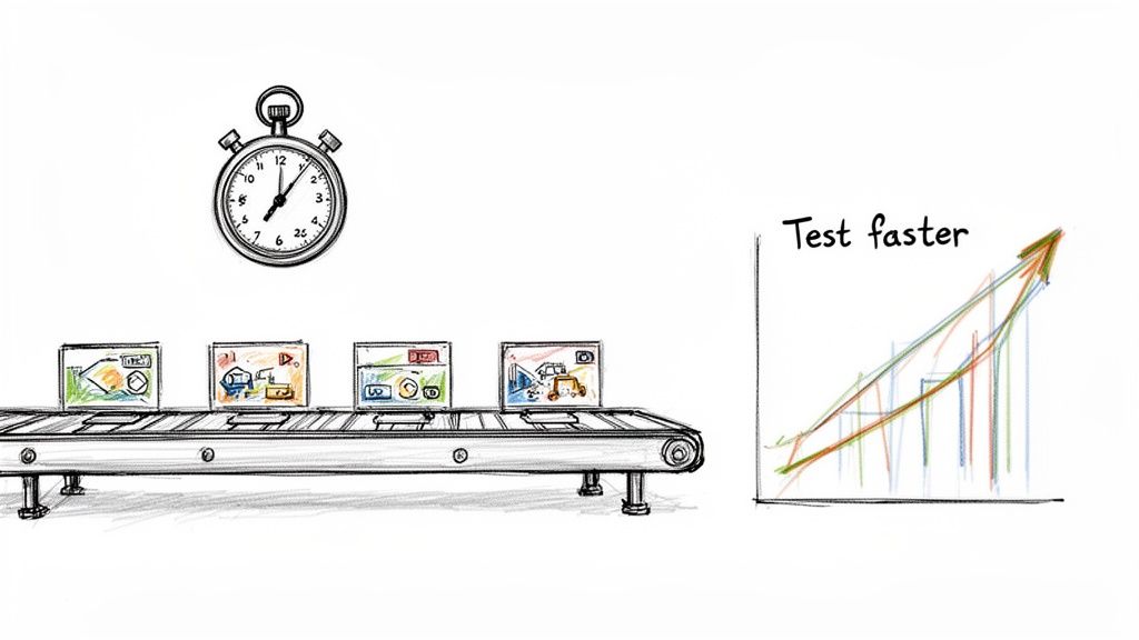 Illustration depicting a stopwatch, a conveyor belt processing screens, and a graph showing 'Test faster' with an upward trend.