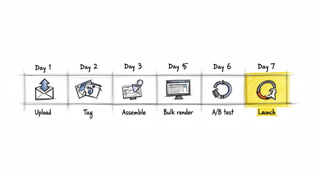 A 7-day workflow illustration showing steps to upload, tag, assemble, render, A/B test, and launch a video.