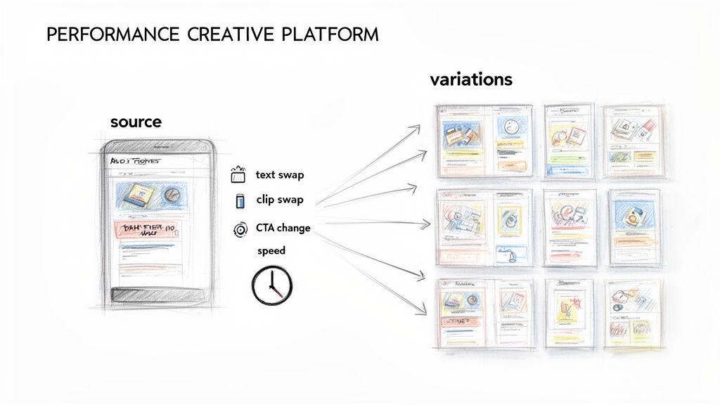 Performance creative platform variations: source mobile ad customized by text, clip, CTA, and speed changes.