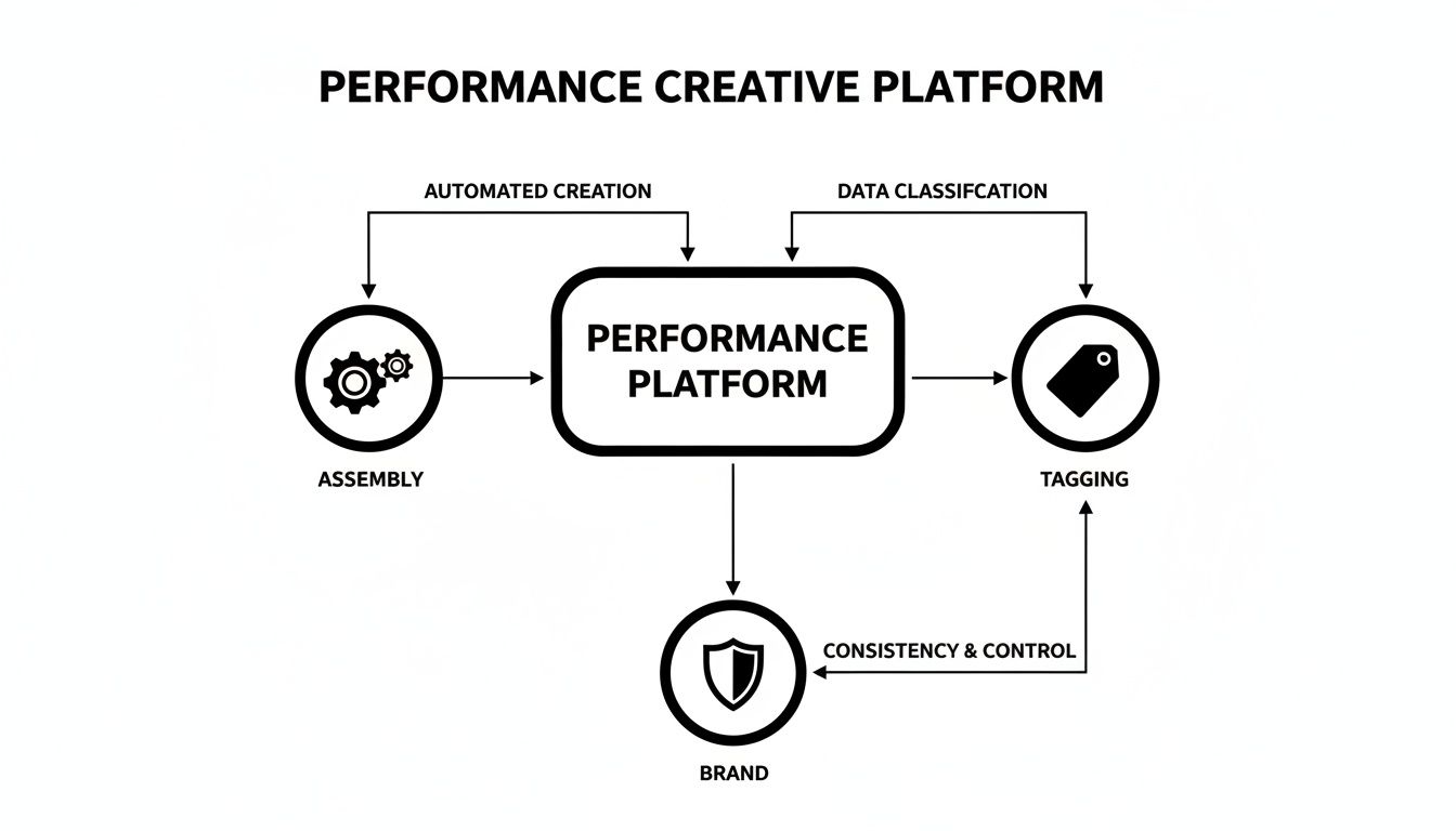 Diagram illustrating a performance creative platform workflow, including automated creation, data classification, tagging, and brand.
